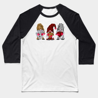 Three Gnomes  Holding Hearts Leopard Print Buffalo Plaid Valentines Day Shirt Baseball T-Shirt